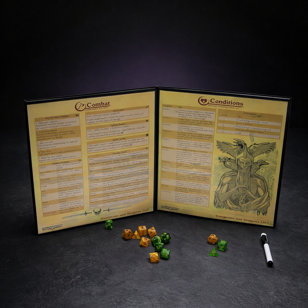 Customizable 4-Panel DM Screen with Dry Erase Inserts on black slate tabletop Dice Armory studio background