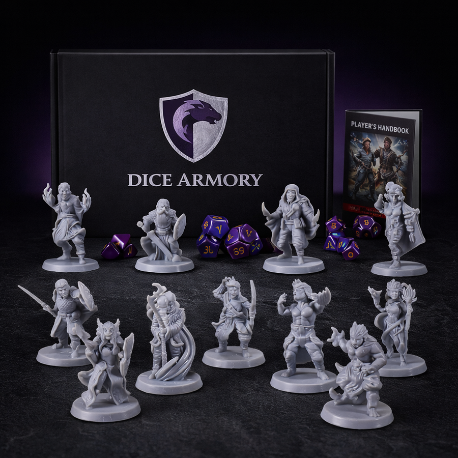 12 Diverse Adventurer Fantasy Miniatures Set 12 Classes DnD on black slate tabletop Dice Armory studio background