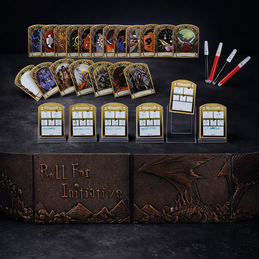 Acrylic Initiative Tracker with Character Tent Cards for D&D on black slate tabletop Dice Armory studio background