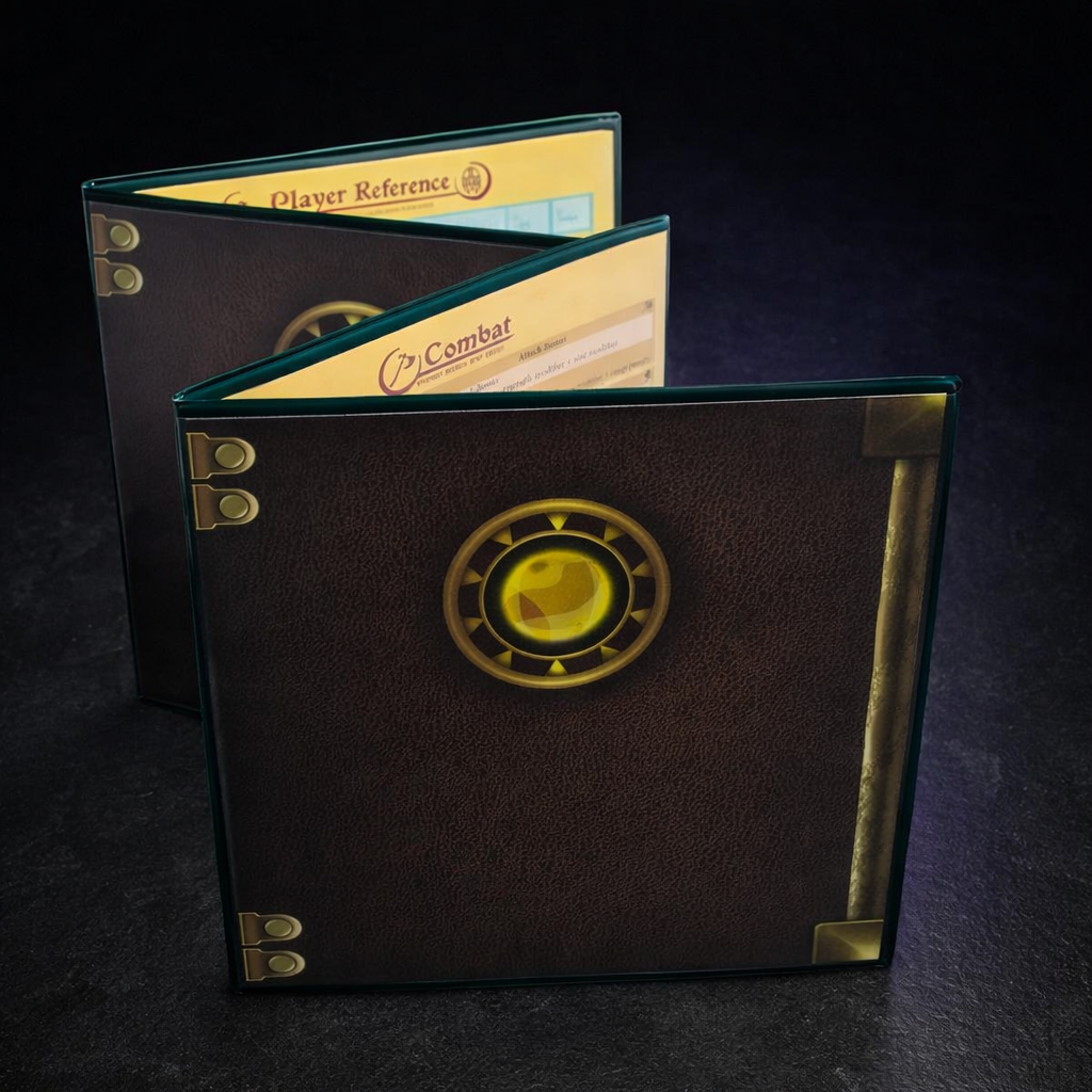 Customizable 4-Panel DM Screen with Dry Erase Inserts on black slate tabletop Dice Armory studio background