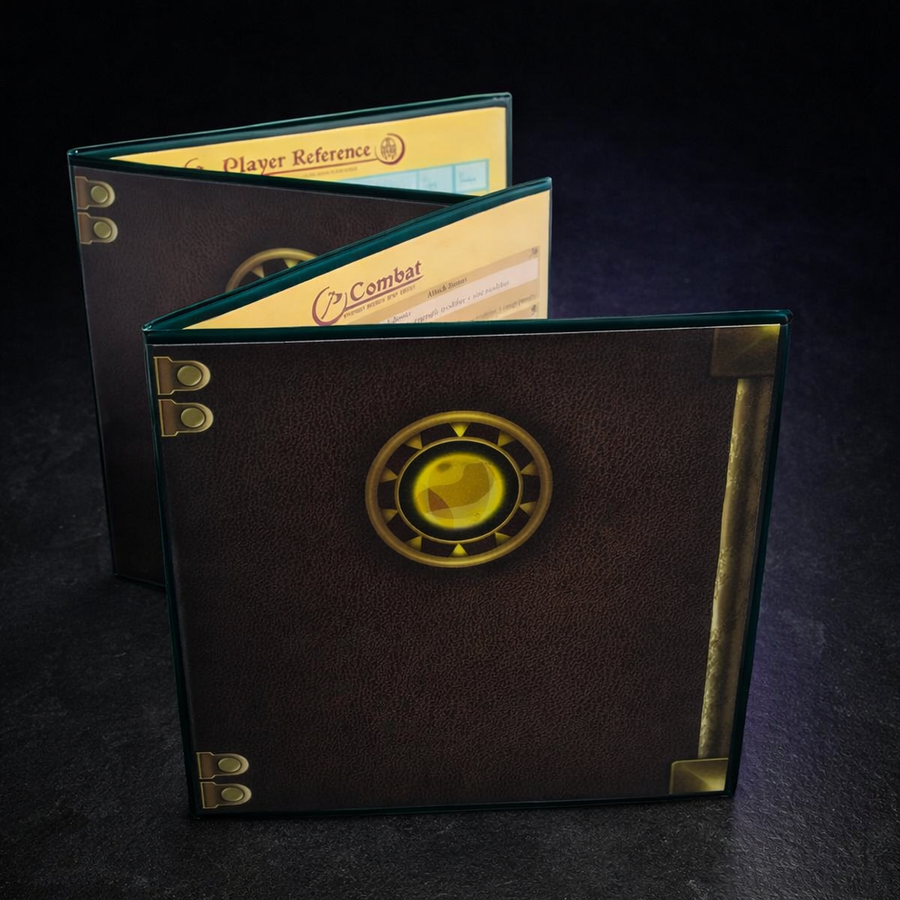 Customizable 4-Panel DM Screen with Dry Erase Inserts on black slate tabletop Dice Armory studio background