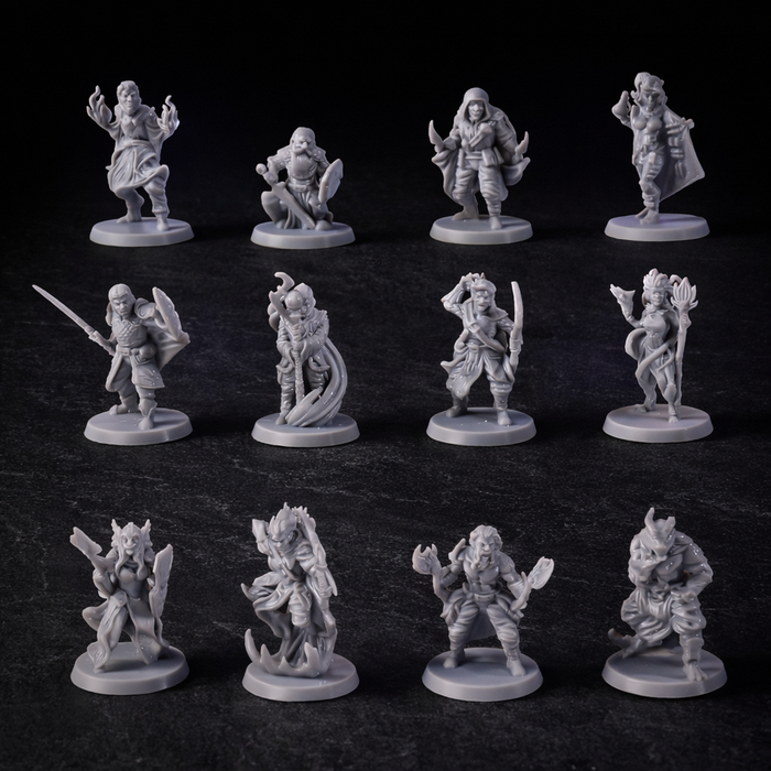 12 Diverse Adventurer Fantasy Miniatures Set 12 Classes DnD on black slate tabletop Dice Armory studio background