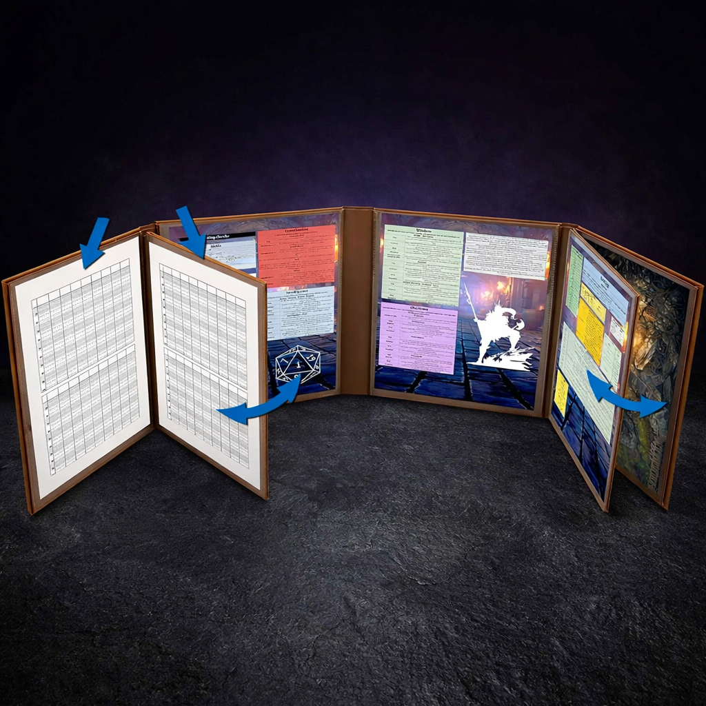 Deluxe 8-Panel Leather Dungeon Master Screen Wet Erase on black slate tabletop Dice Armory studio background