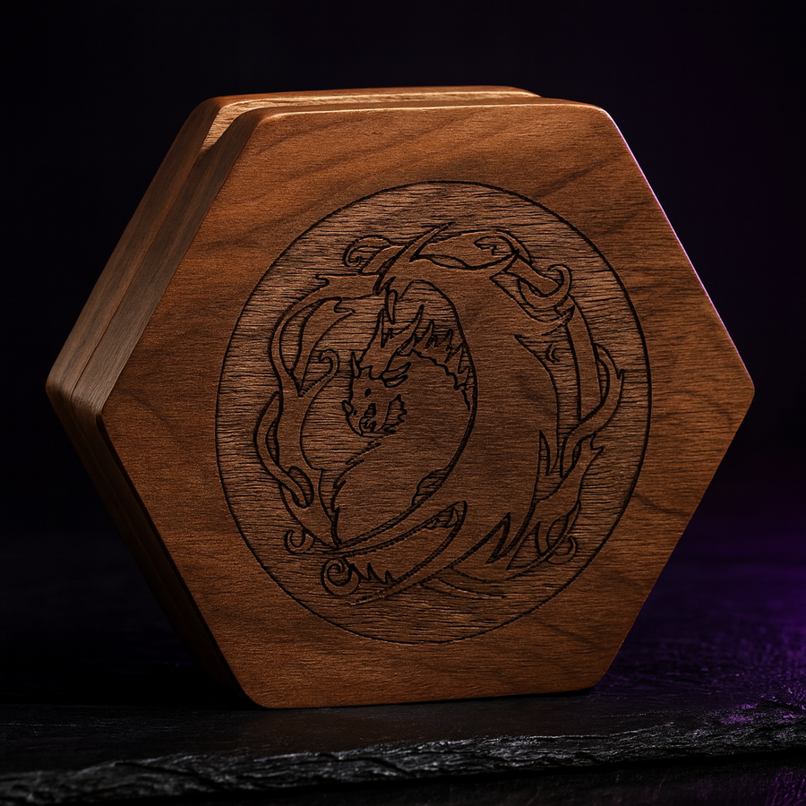 Hexagon Walnut Dice Box with Magnetic Lid for 7 D&D Dice