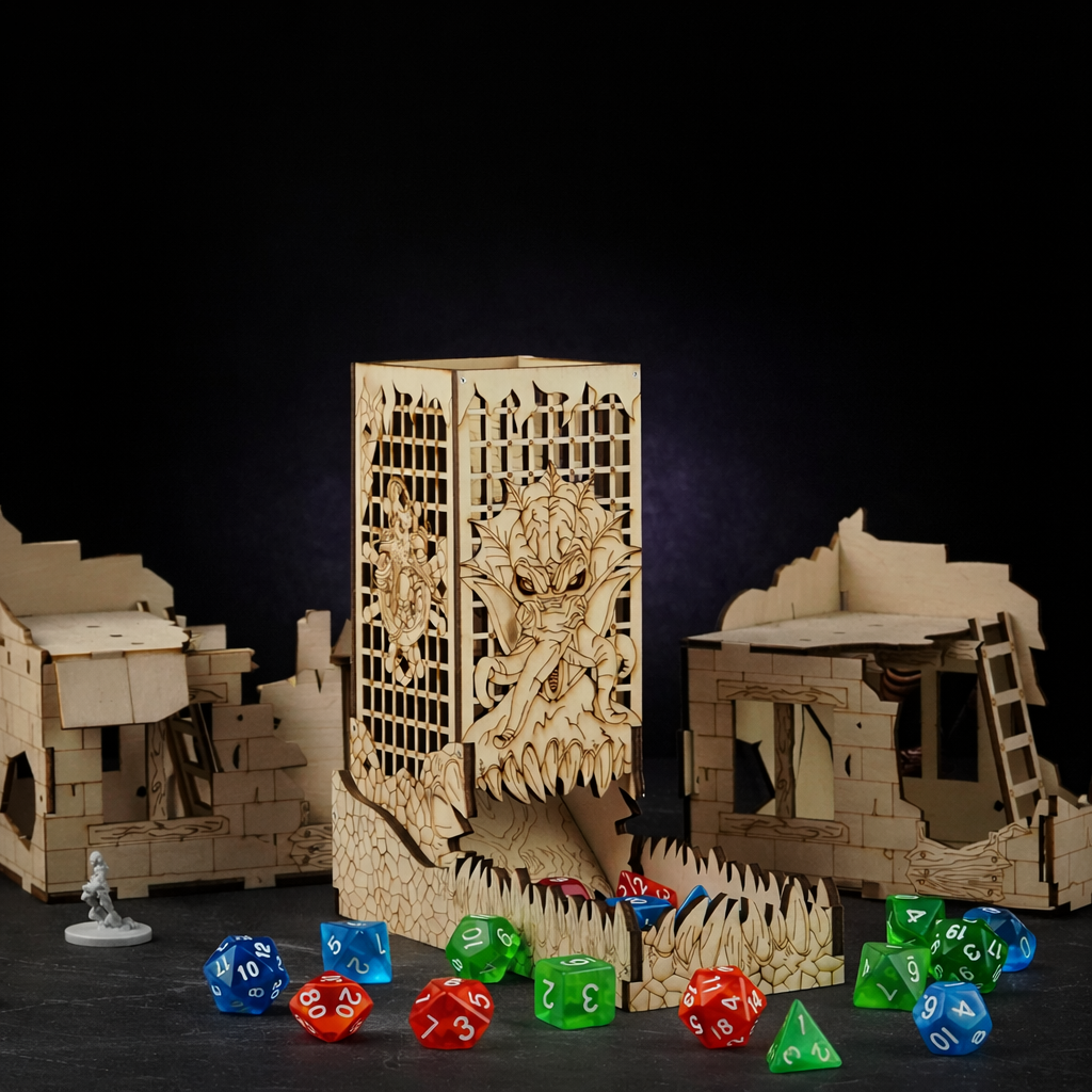 CZYY Mind Flayer Laser Etched Wood Dice Tower with Tray on black slate tabletop Dice Armory studio background