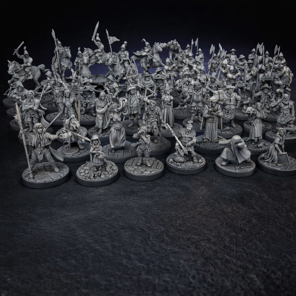 62 Townsfolk NPC Miniatures Pack for DnD 28mm on black slate tabletop Dice Armory studio background