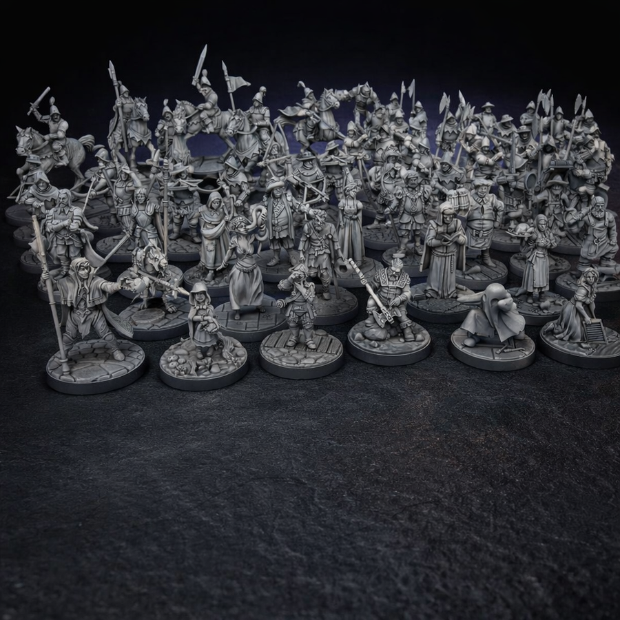 62 Townsfolk NPC Miniatures Pack for DnD 28mm on black slate tabletop Dice Armory studio background