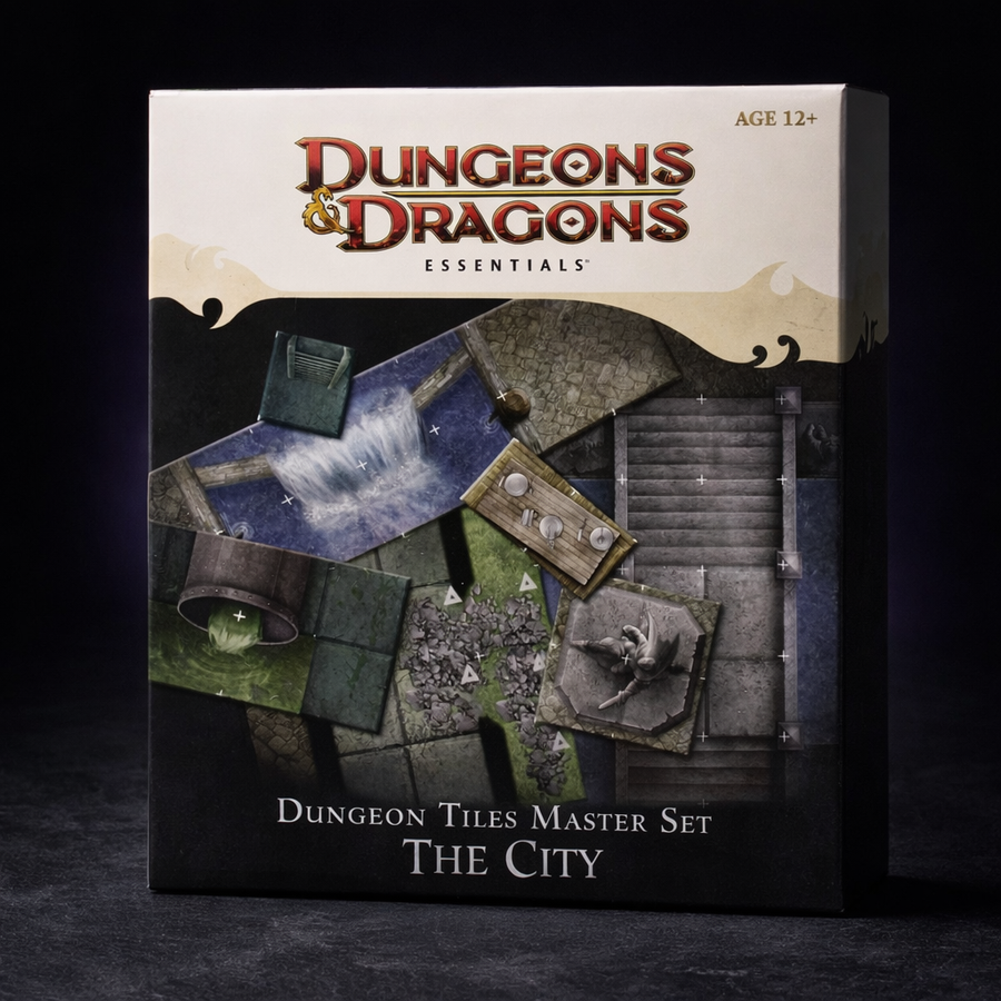 D&D Dungeon Tiles Master Set City Battle Map Terrain on black slate tabletop Dice Armory studio background