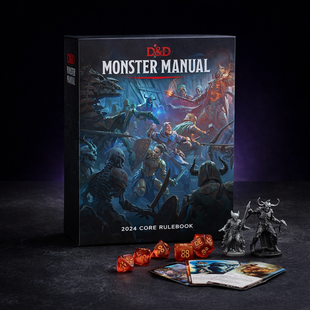 D&D 2024 Monster Manual Core Rulebook on black slate tabletop Dice Armory studio background