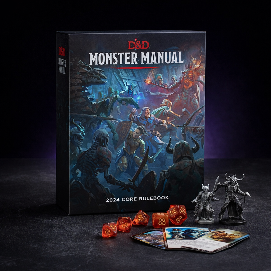 D&D 2024 Monster Manual Core Rulebook on black slate tabletop Dice Armory studio background