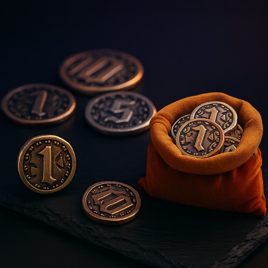 DnD Coins: 90 Metal Gold & Silver Tokens, Values 1 5 10 20 50