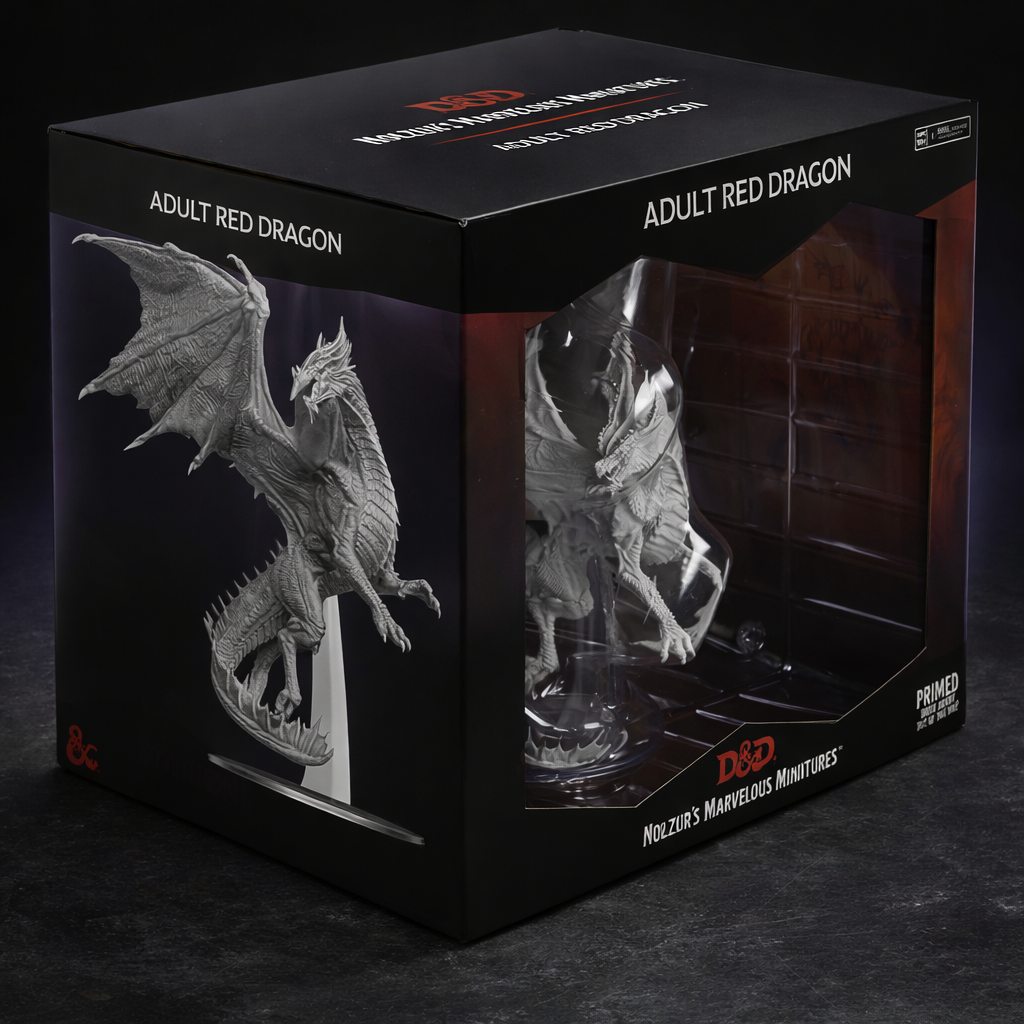 Adult Red Dragon Large Miniature Unpainted for DnD on black slate tabletop Dice Armory studio background