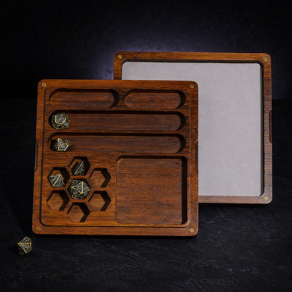 Dice Box with Rolling Tray for D&D Bamboo Holds 6 Sets on black slate tabletop Dice Armory studio background