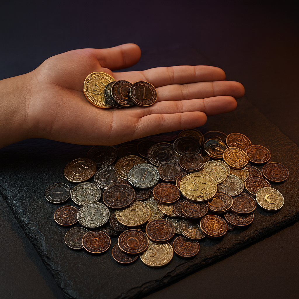 Metal Fantasy Coins: 60 DnD Tokens, 4 Denominations + Leather Pouch