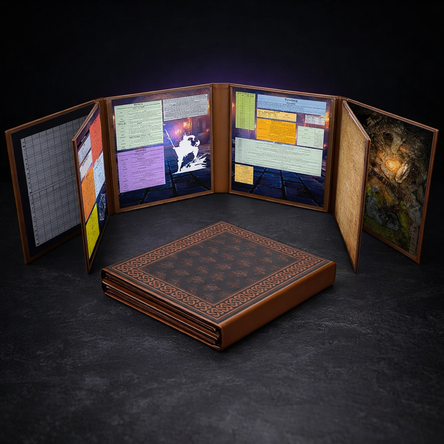 Deluxe 8-Panel Leather Dungeon Master Screen Wet Erase on black slate tabletop Dice Armory studio background