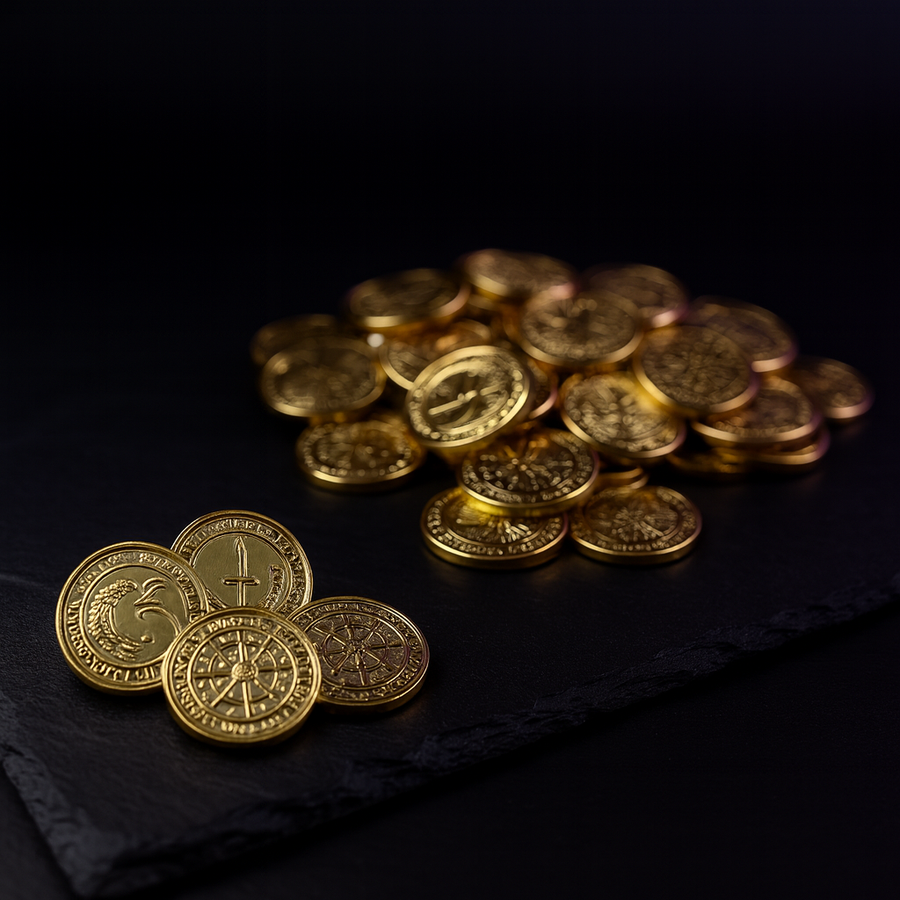 DnD Coins: 50 Antique Gold Dragon Tokens, Fantasy Coins + Pouch
