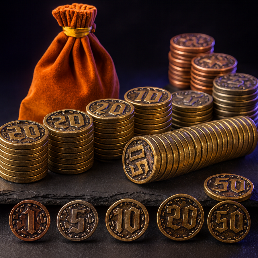DnD Coins: 90 Metal Gold & Silver Tokens, Values 1 5 10 20 50