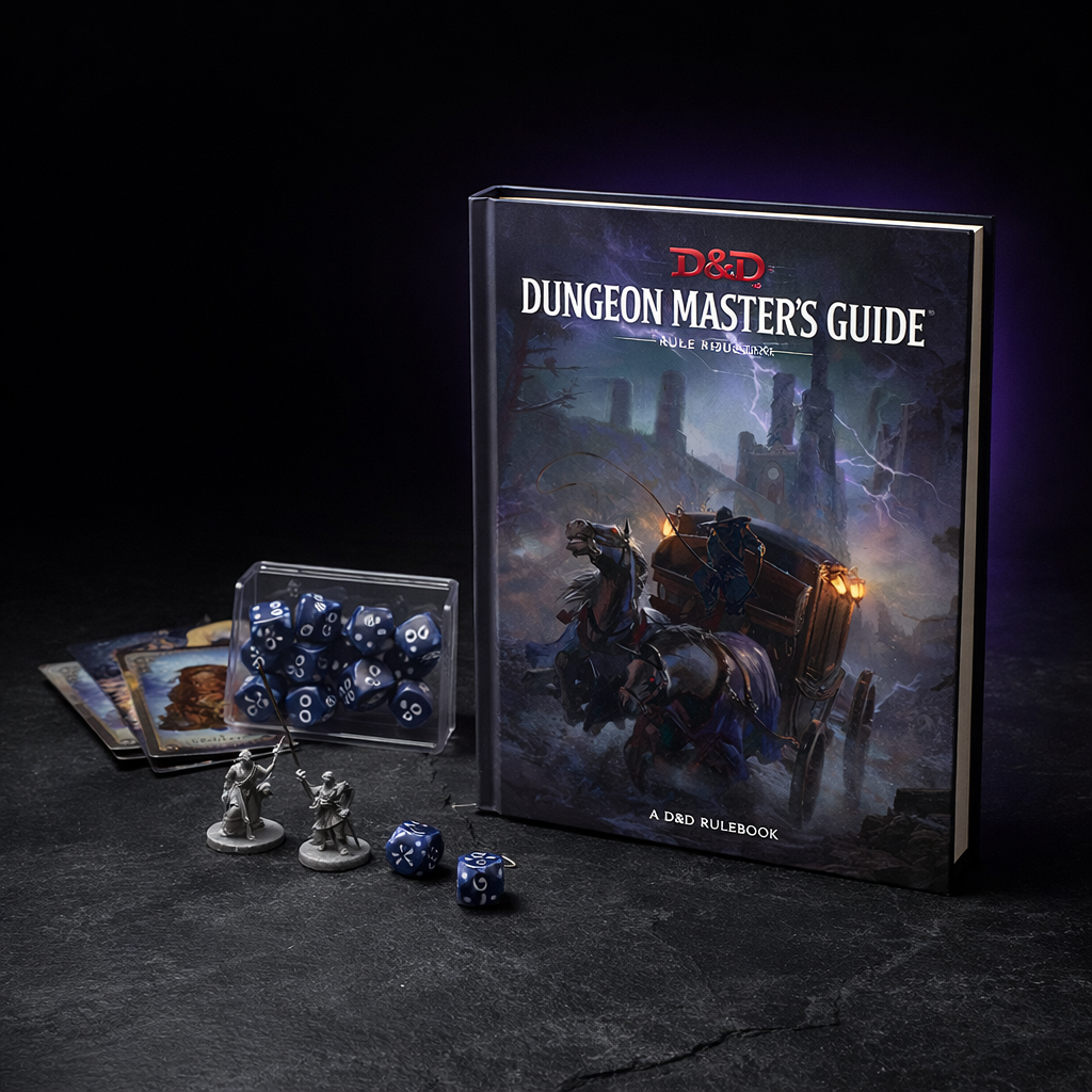 D&D 2024 Dungeon Master's Guide Rulebook on black slate tabletop Dice Armory studio background
