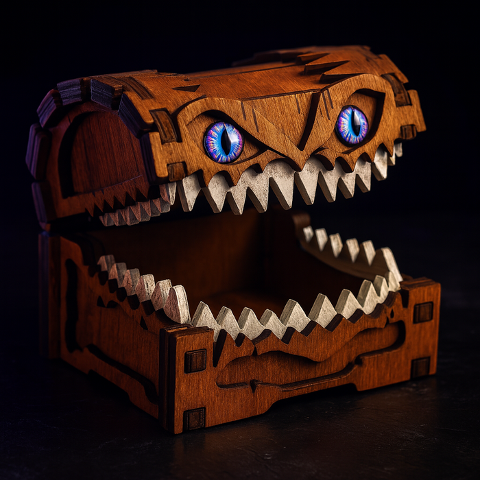 Starfang Wooden Mimic Dice Box, Teeth & Blue Eyes Desk Decor