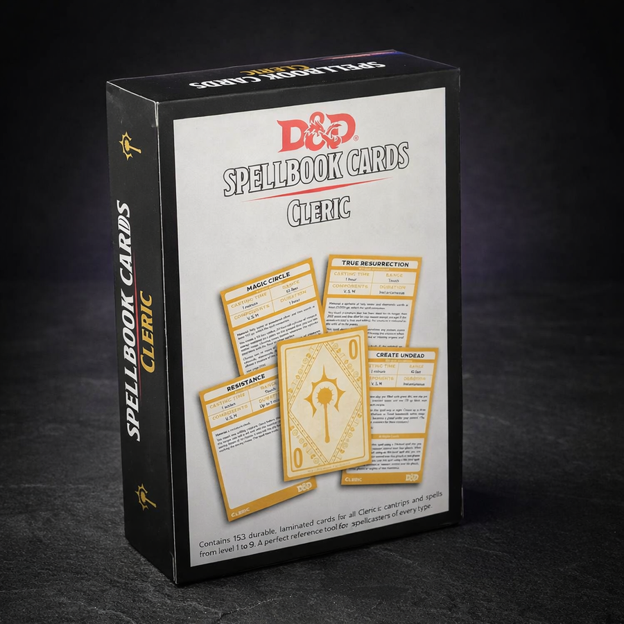 D&D Cleric Spell Cards Deck for Divine Casters 5e on black slate tabletop Dice Armory studio background