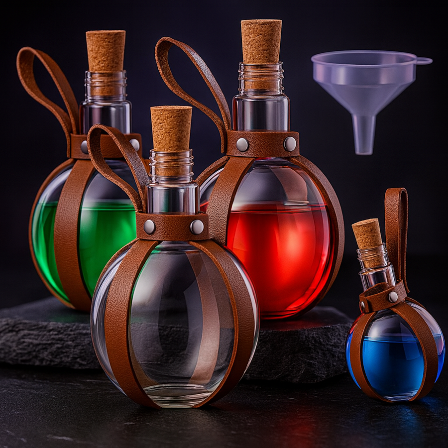 Fantasy Potion Bottles, 3 Set 8 oz with Cork and Leather Belt
