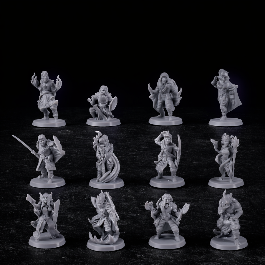 12 Diverse Adventurer Fantasy Miniatures Set 12 Classes DnD on black slate tabletop Dice Armory studio background