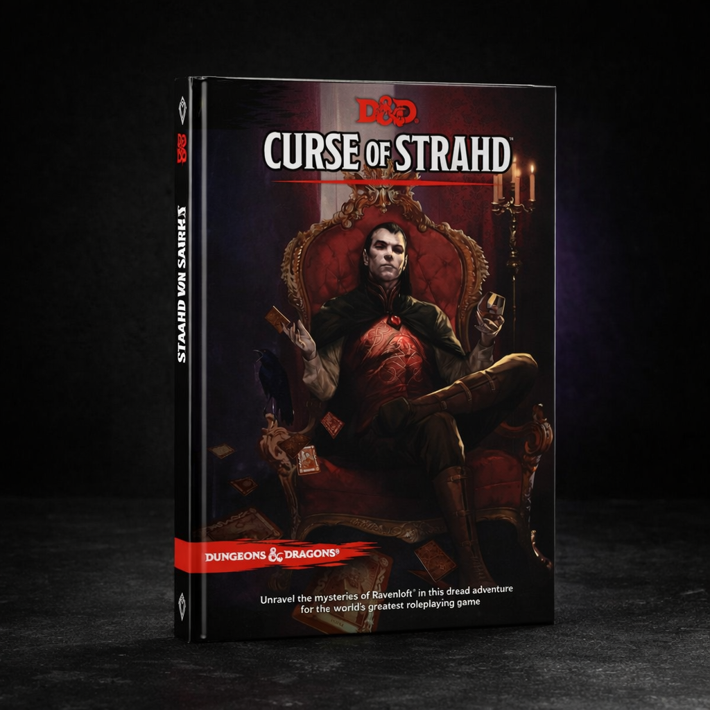 D&D Curse of Strahd Adventure Book on black slate tabletop Dice Armory studio background