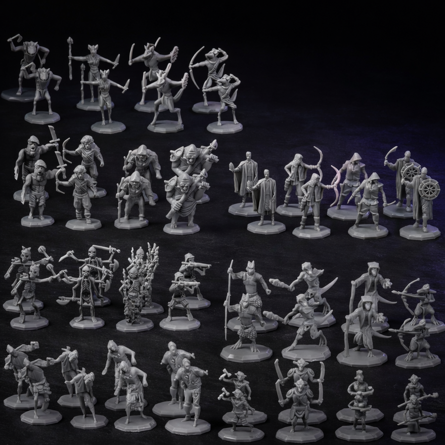 56 Unpainted  Dungeon Monster Miniatures Goblins Orcs Skeletons on black slate tabletop Dice Armory studio background