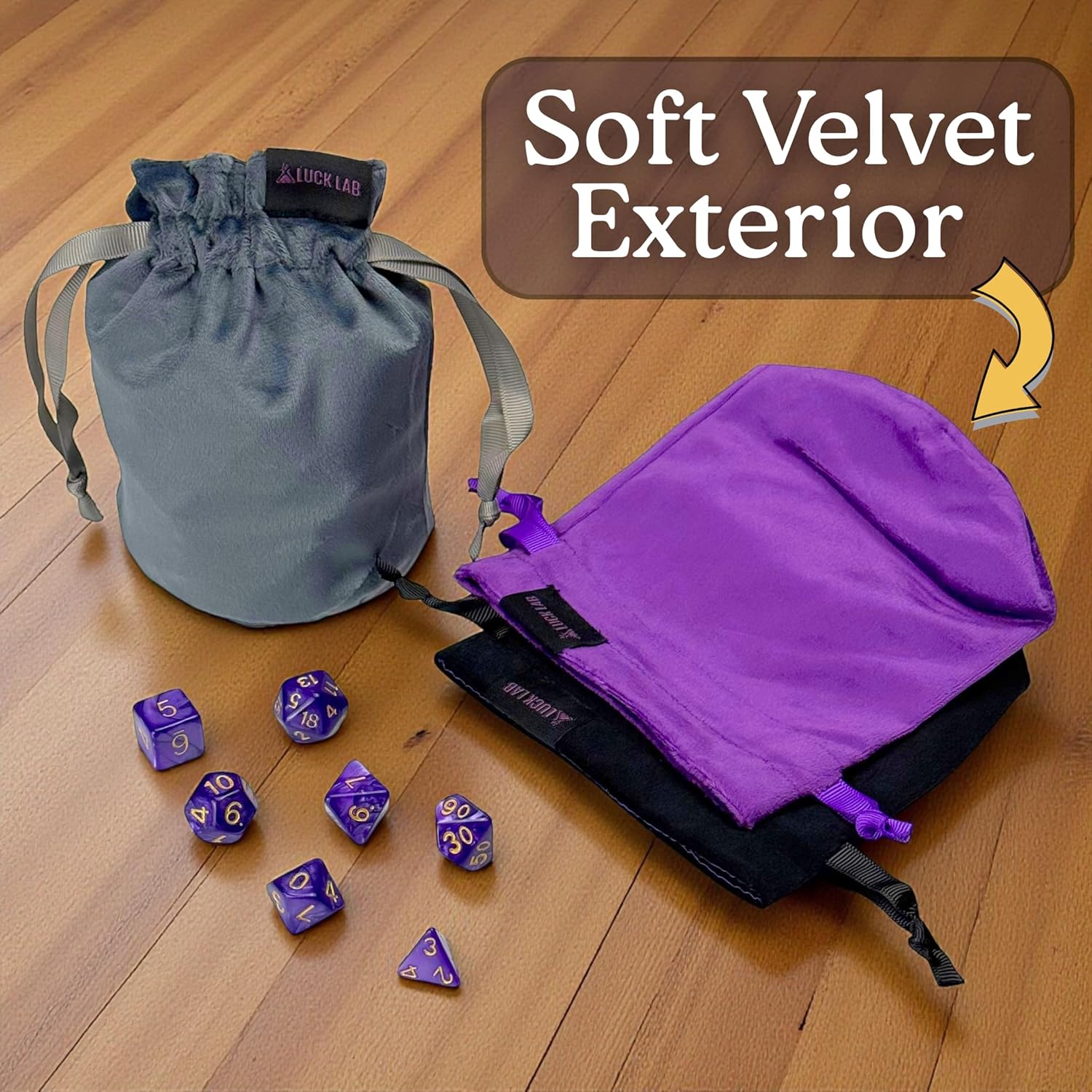 Luck Lab Velvet Dice Bag, Set of 3 DND Dice Pouches