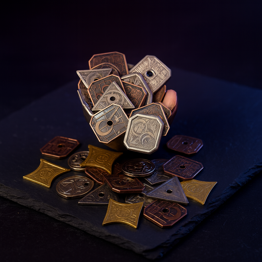 DnD Coins: 60 Assorted Metal Fantasy Coins + Velvet Pouch, 5E Ready