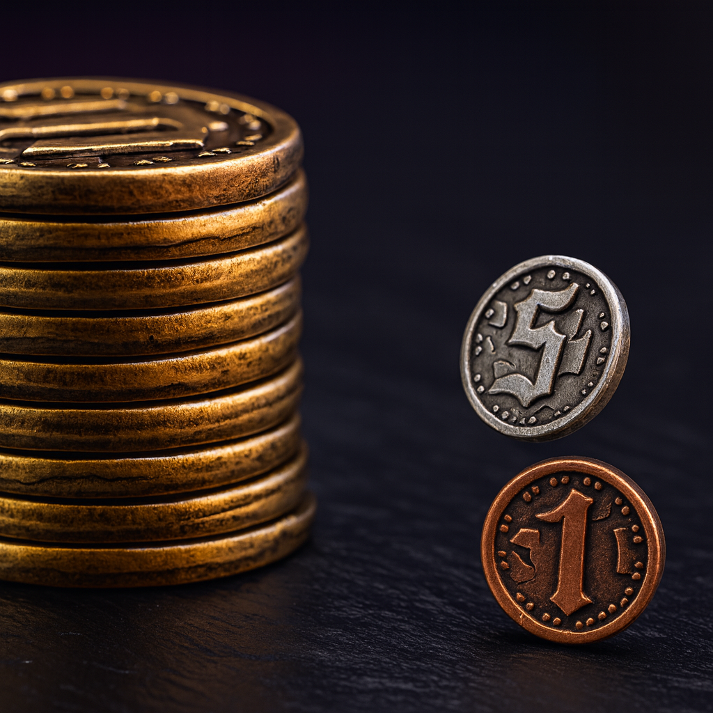 DnD Coins: 90 Metal Gold & Silver Tokens, Values 1 5 10 20 50