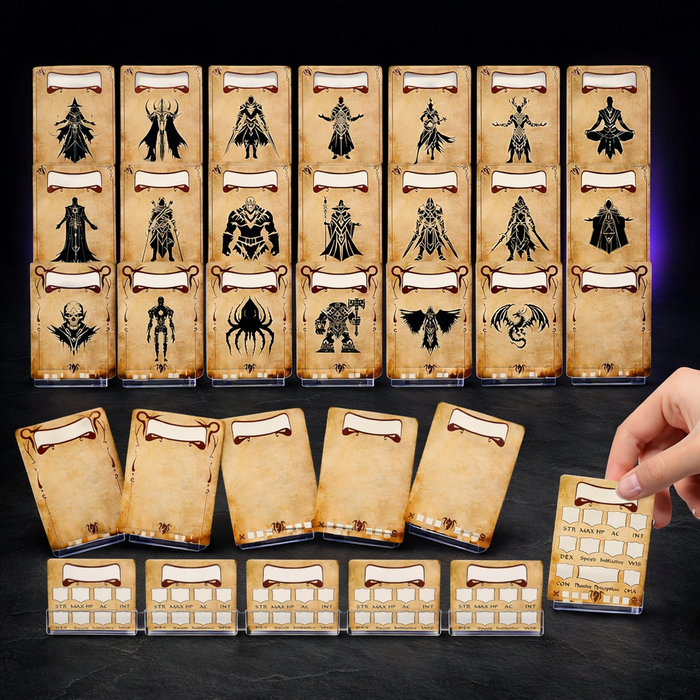 Clip-On Acrylic Initiative Tracker for DM Screen 25 Cards on black slate tabletop Dice Armory studio background