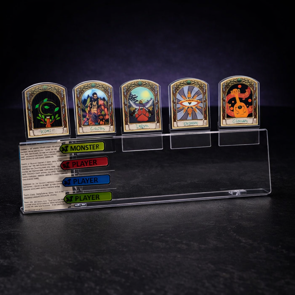 Acrylic Initiative Tracker with Character Tent Cards for D&D on black slate tabletop Dice Armory studio background