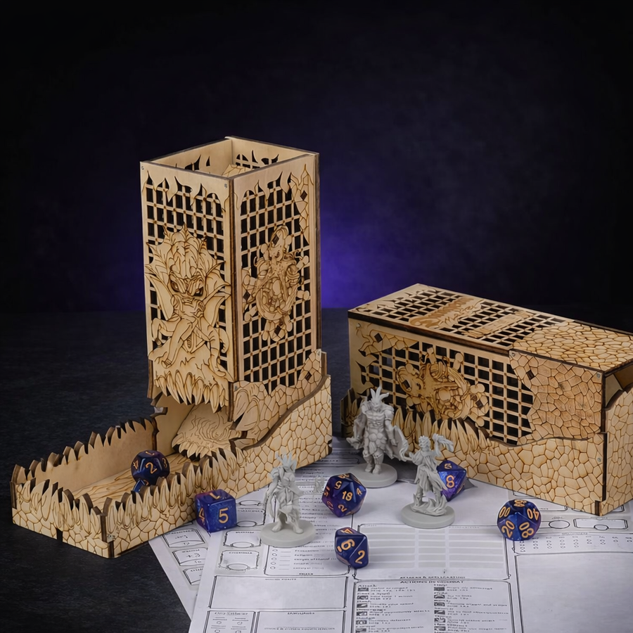 CZYY Mind Flayer Laser Etched Wood Dice Tower with Tray on black slate tabletop Dice Armory studio background