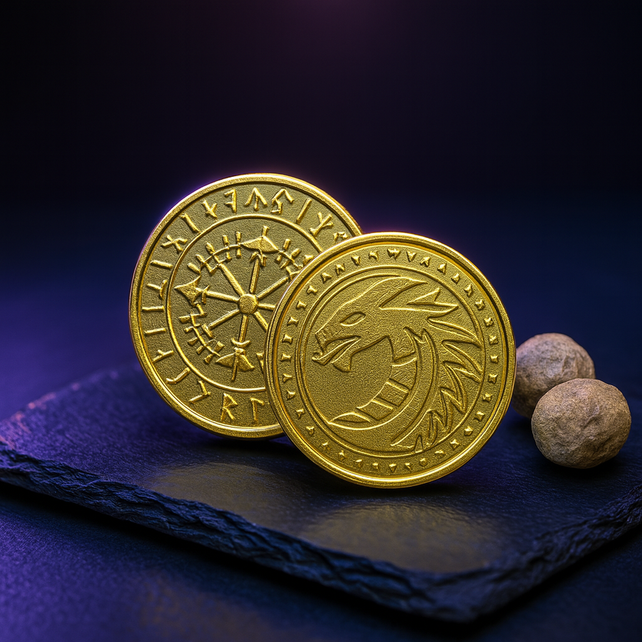 DnD Coins: 50 Antique Gold Dragon Tokens, Fantasy Coins + Pouch