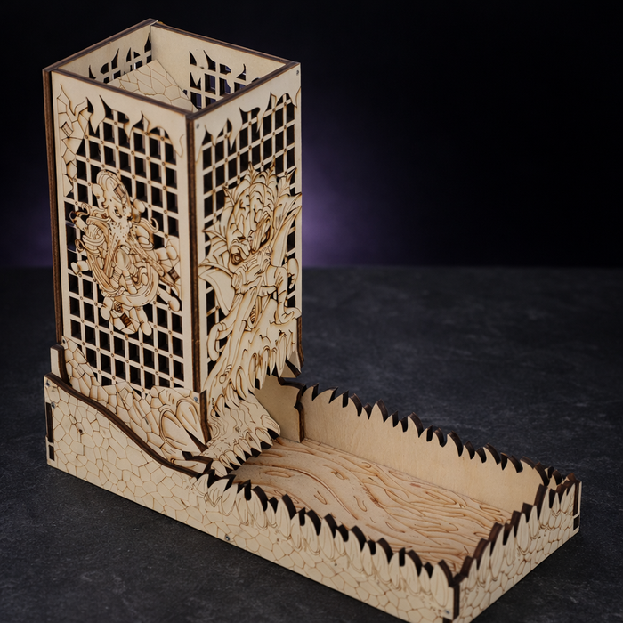 CZYY Mind Flayer Laser Etched Wood Dice Tower with Tray on black slate tabletop Dice Armory studio background