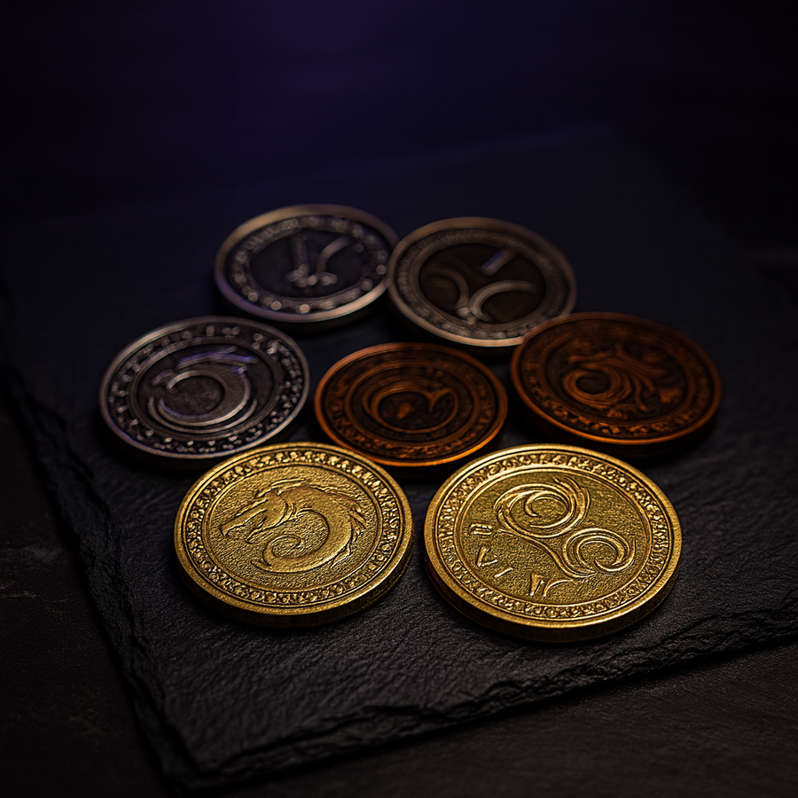 Metal Fantasy Coins: 60 DnD Tokens, 4 Denominations + Leather Pouch