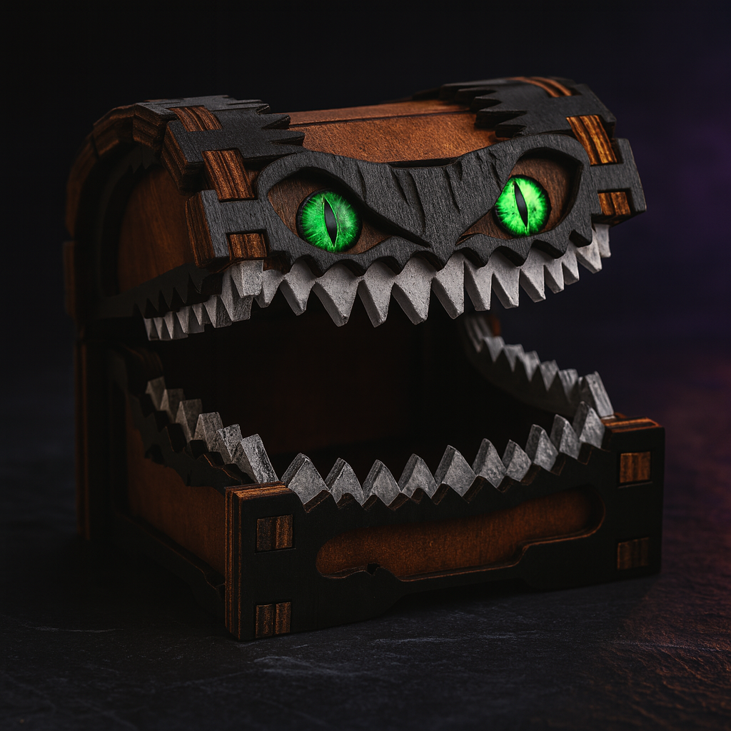 Grimjaw Wooden Mimic Dice Box, Teeth & Green Eyes Desk Decor