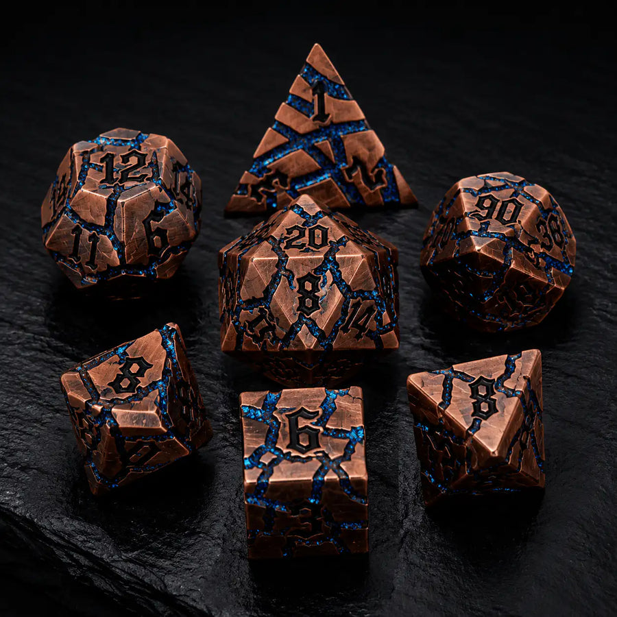 Copper & Blue Metal Dice Set, DnD dice for tabletop RPGs