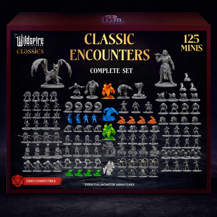 125 Bulk Monster Miniatures Unpainted for DnD 28mm on black slate tabletop Dice Armory studio background
