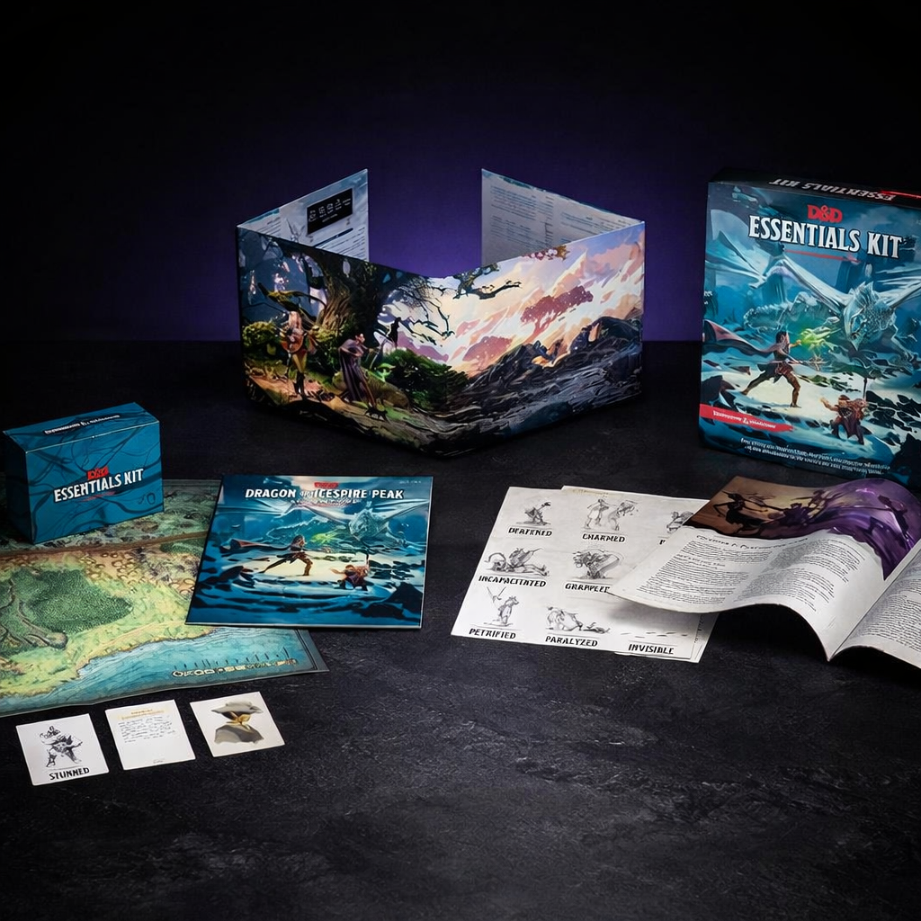 D&D Essentials Kit Intro Adventure Set on black slate tabletop Dice Armory studio background