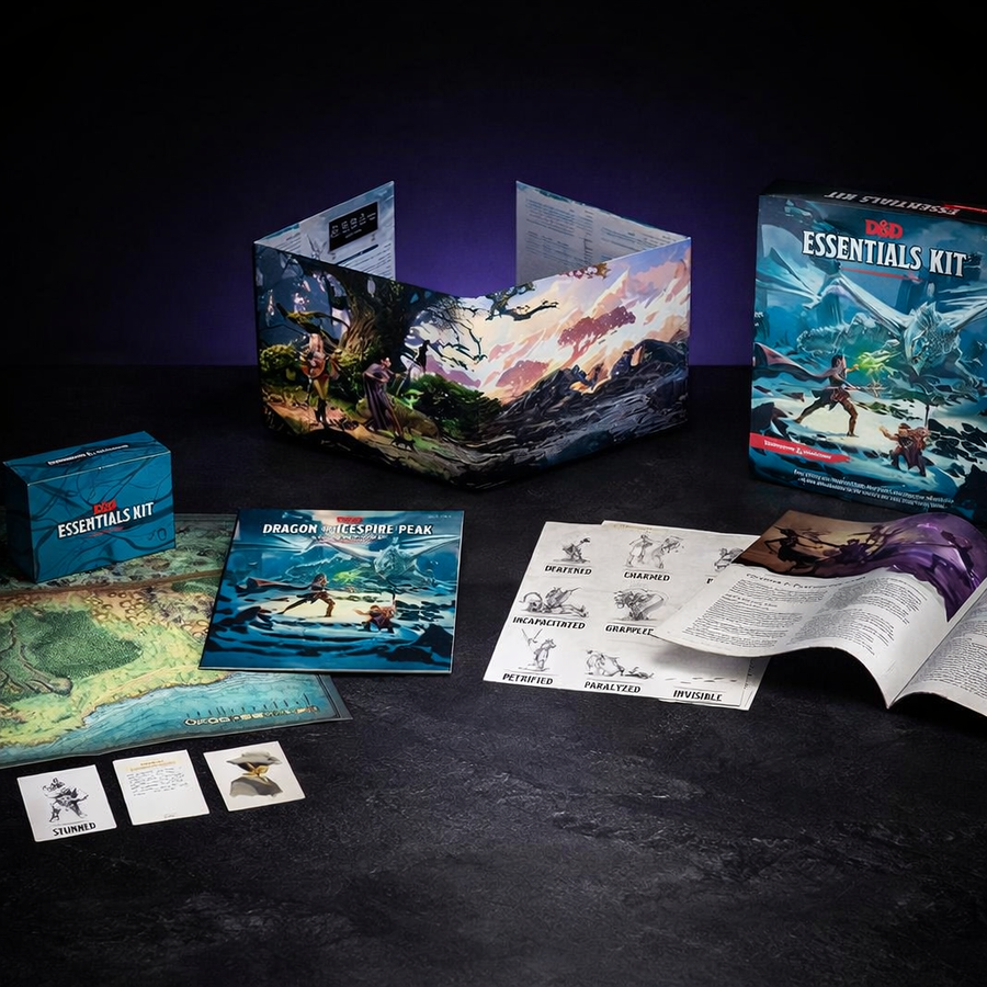 D&D Essentials Kit Intro Adventure Set on black slate tabletop Dice Armory studio background
