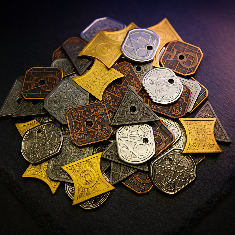 DnD Coins: 60 Assorted Metal Fantasy Coins + Velvet Pouch, 5E Ready