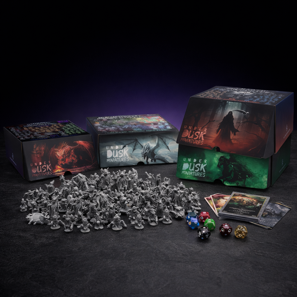 197 Bulk Unpainted Monster Miniatures Mega Gift Set for DnD on black slate tabletop Dice Armory studio background