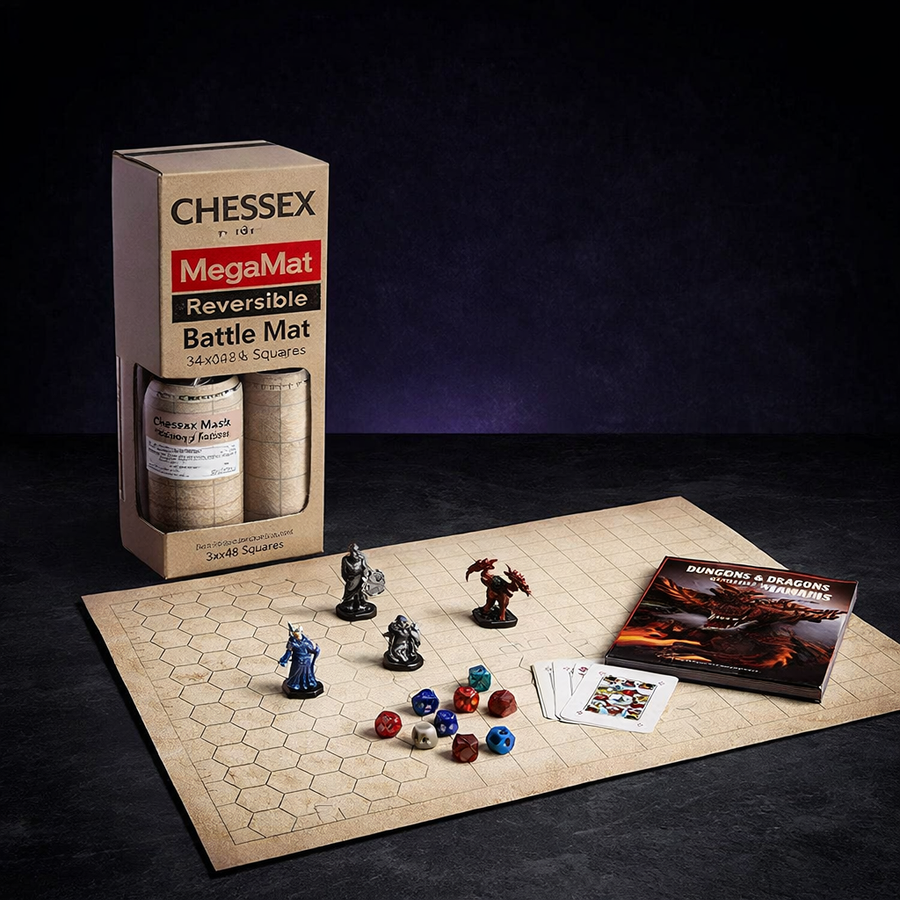 Chessex Megamat Reversible Battle Mat 34x48 Squares on black slate tabletop Dice Armory studio background
