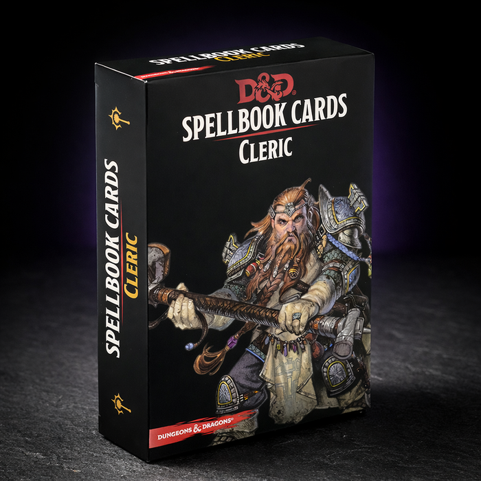 D&D Cleric Spell Cards Deck for Divine Casters 5e on black slate tabletop Dice Armory studio background