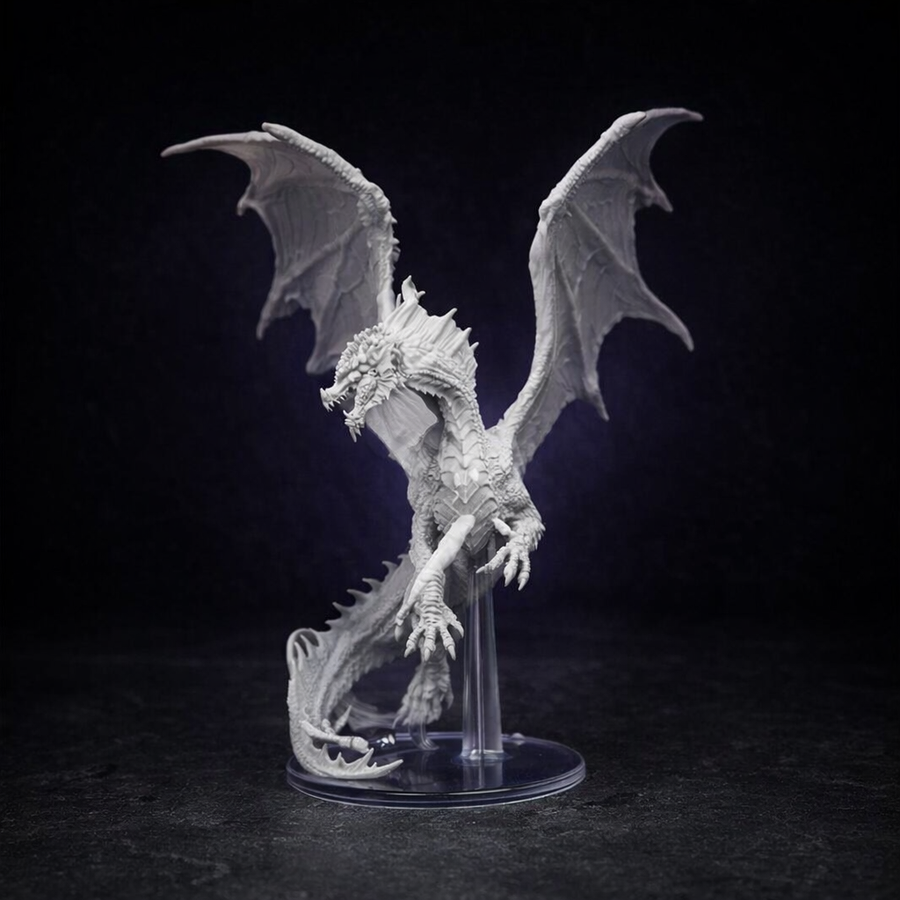 Adult Red Dragon Large Miniature Unpainted for DnD on black slate tabletop Dice Armory studio background