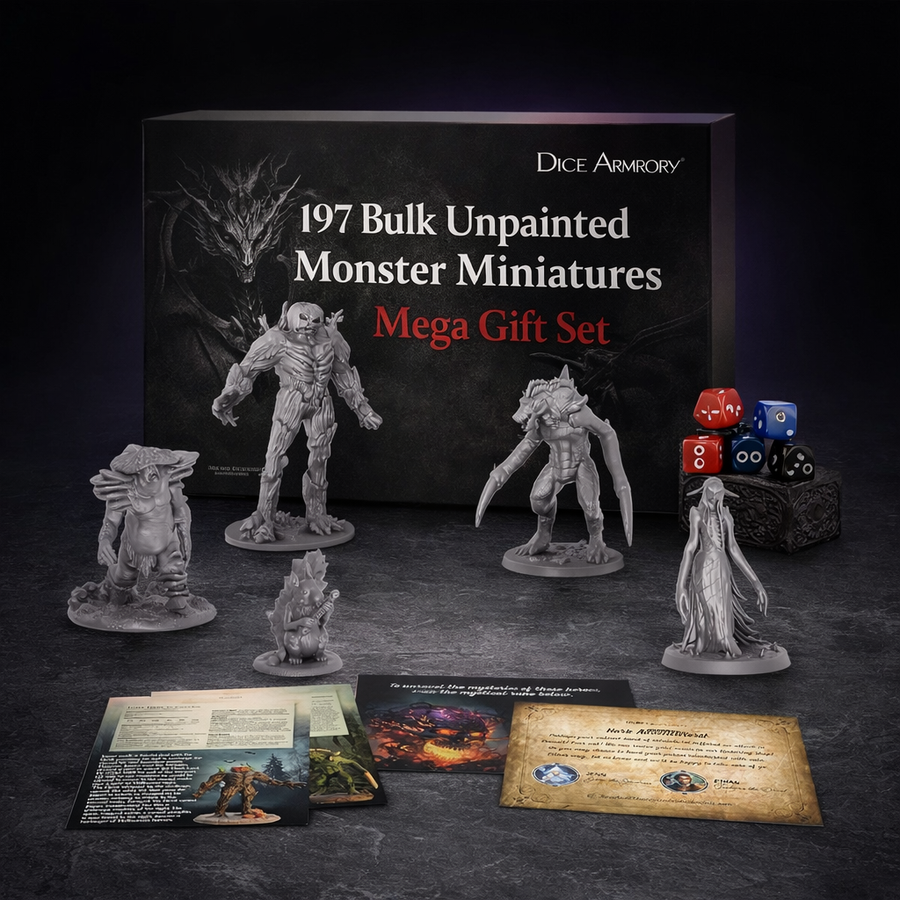 197 Bulk Unpainted Monster Miniatures Mega Gift Set for DnD on black slate tabletop Dice Armory studio background