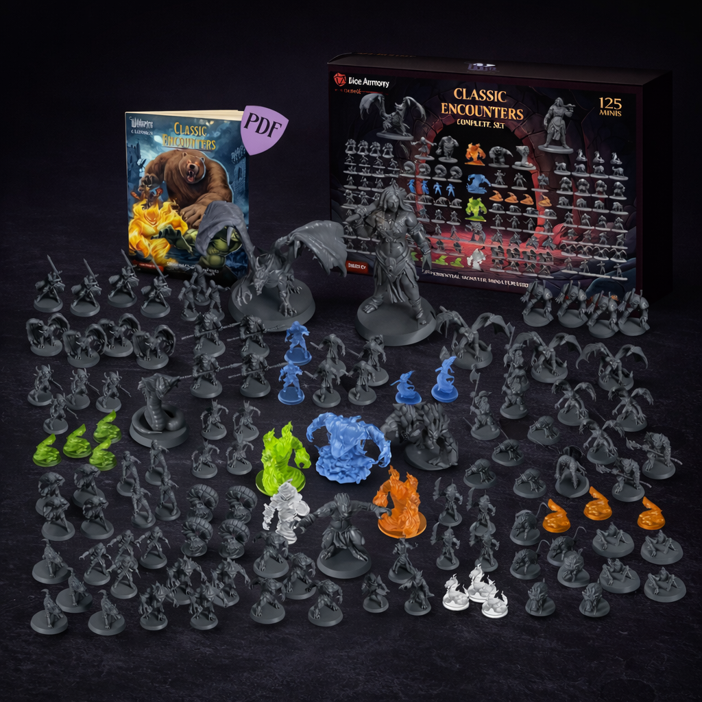 125 Bulk Monster Miniatures Unpainted for DnD 28mm on black slate tabletop Dice Armory studio background