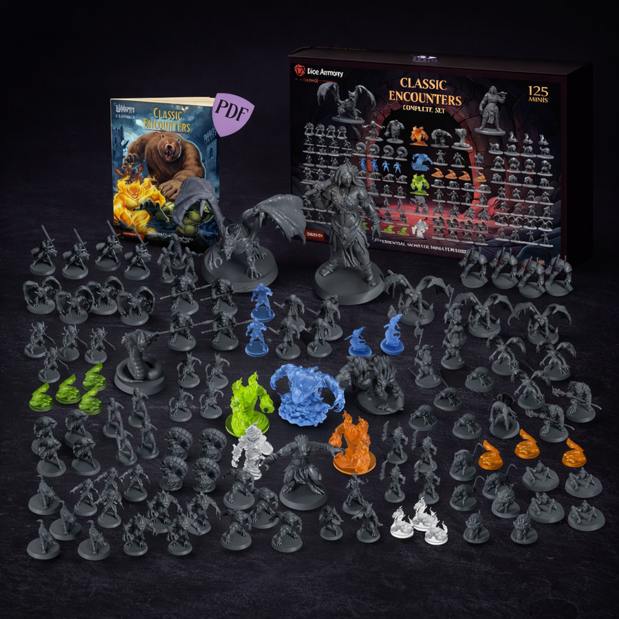 125 Bulk Monster Miniatures Unpainted for DnD 28mm on black slate tabletop Dice Armory studio background